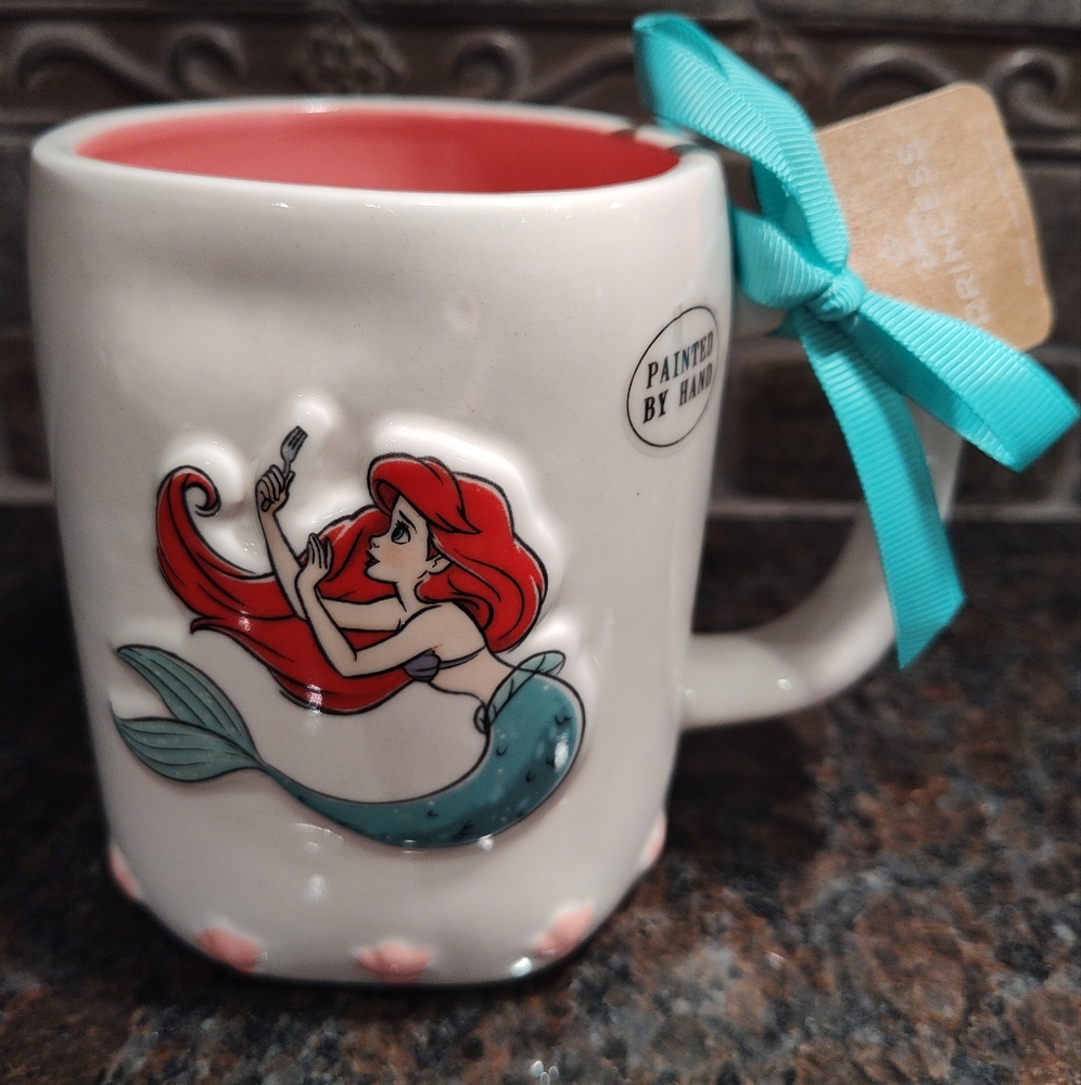 NWT Disney Princess Rae Dunn Ariel White Ceramic Mug, Double Sided, Pink Inside